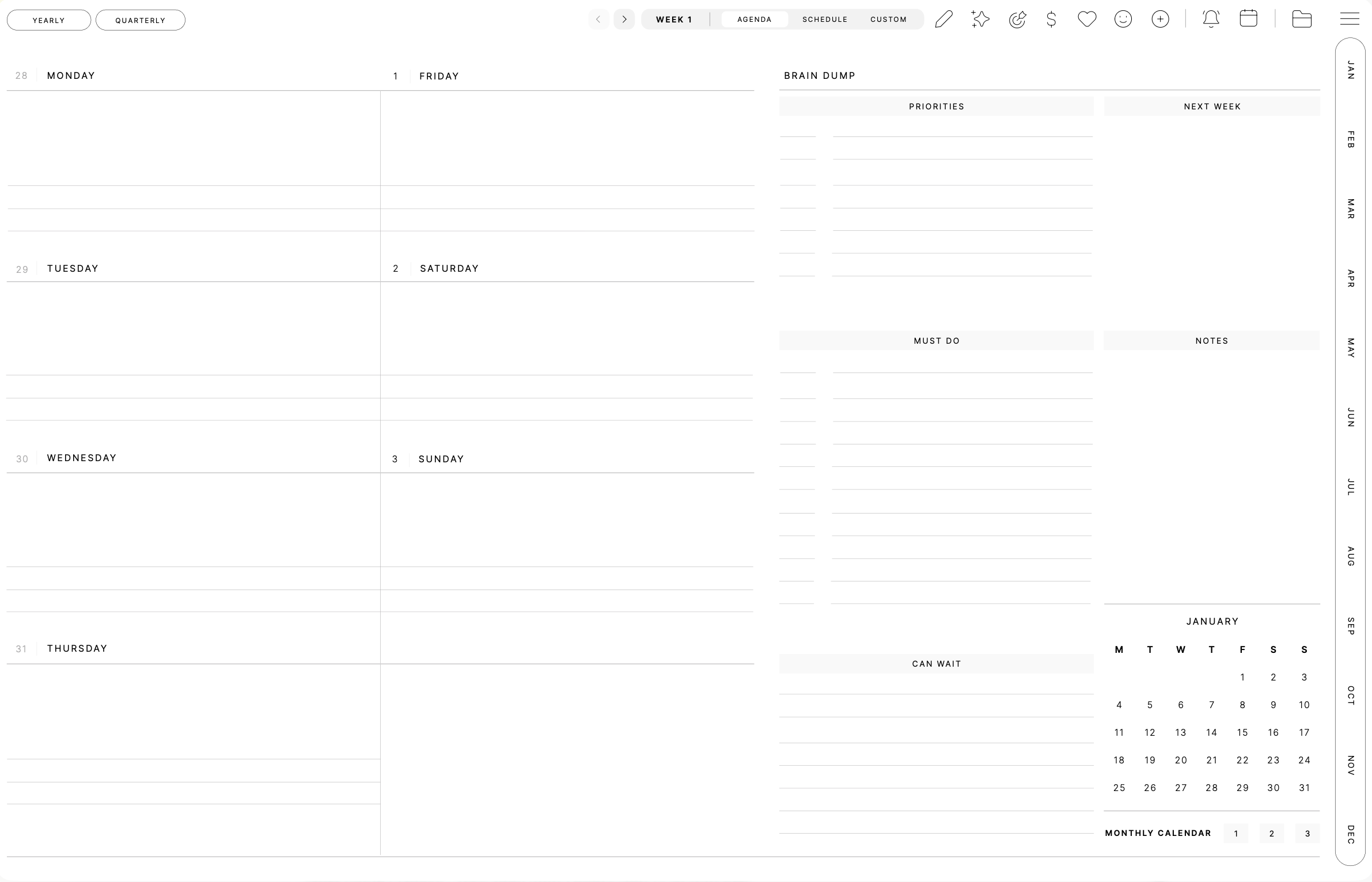 Brain Dump weekly agenda, Landscape · Light