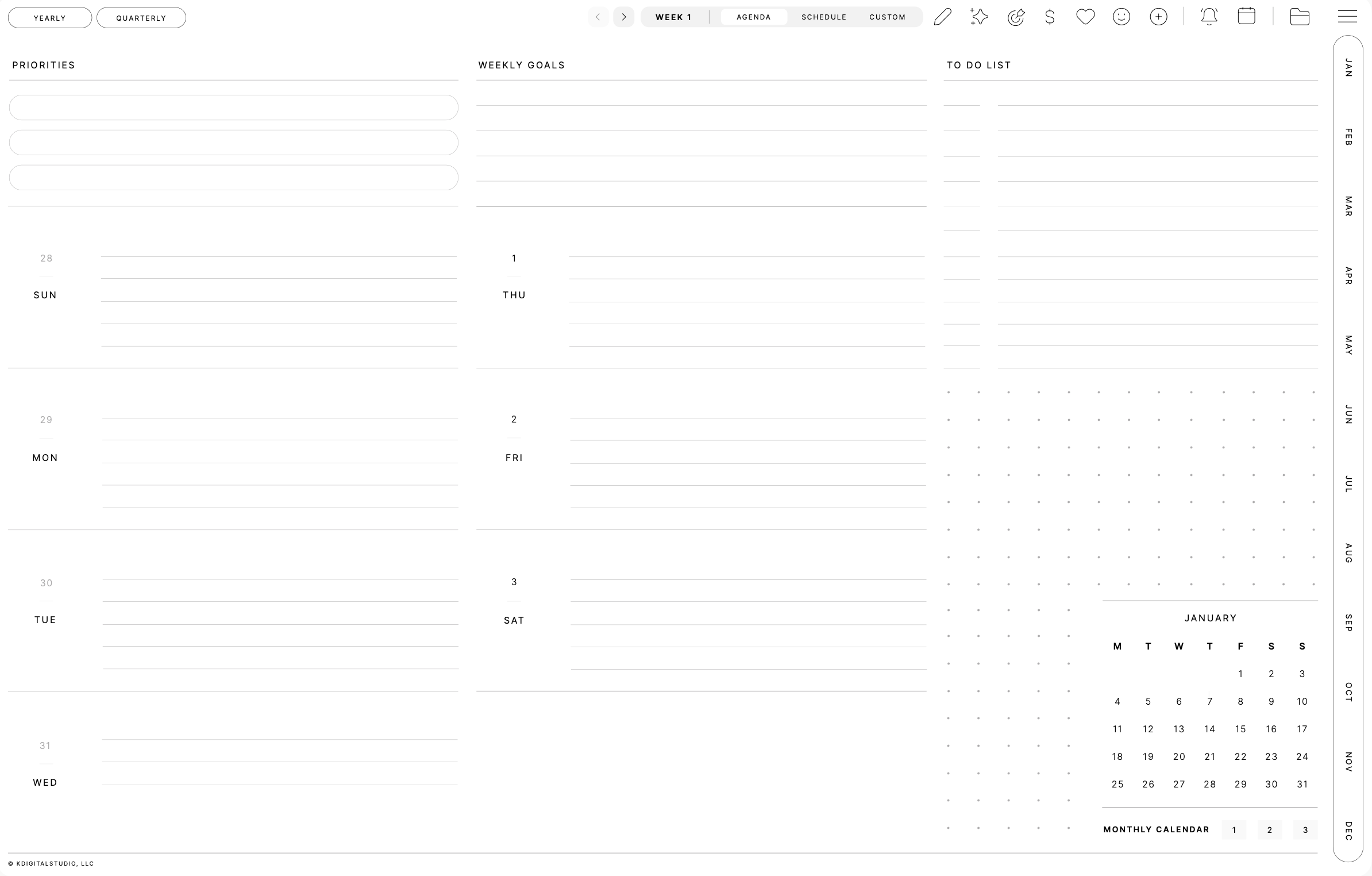 Tasks weekly agenda, Landscape · Light